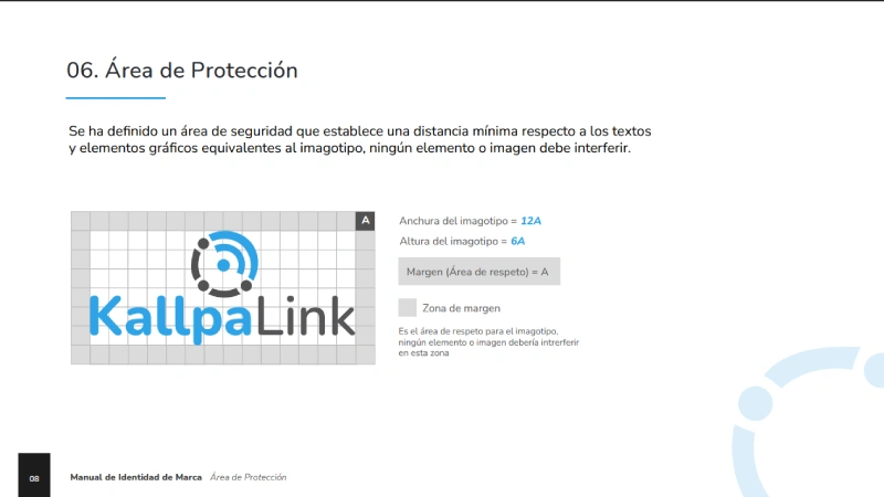 Página de manual de marca que muestra el área de protección del isotipo, desarrollada por Manelux
