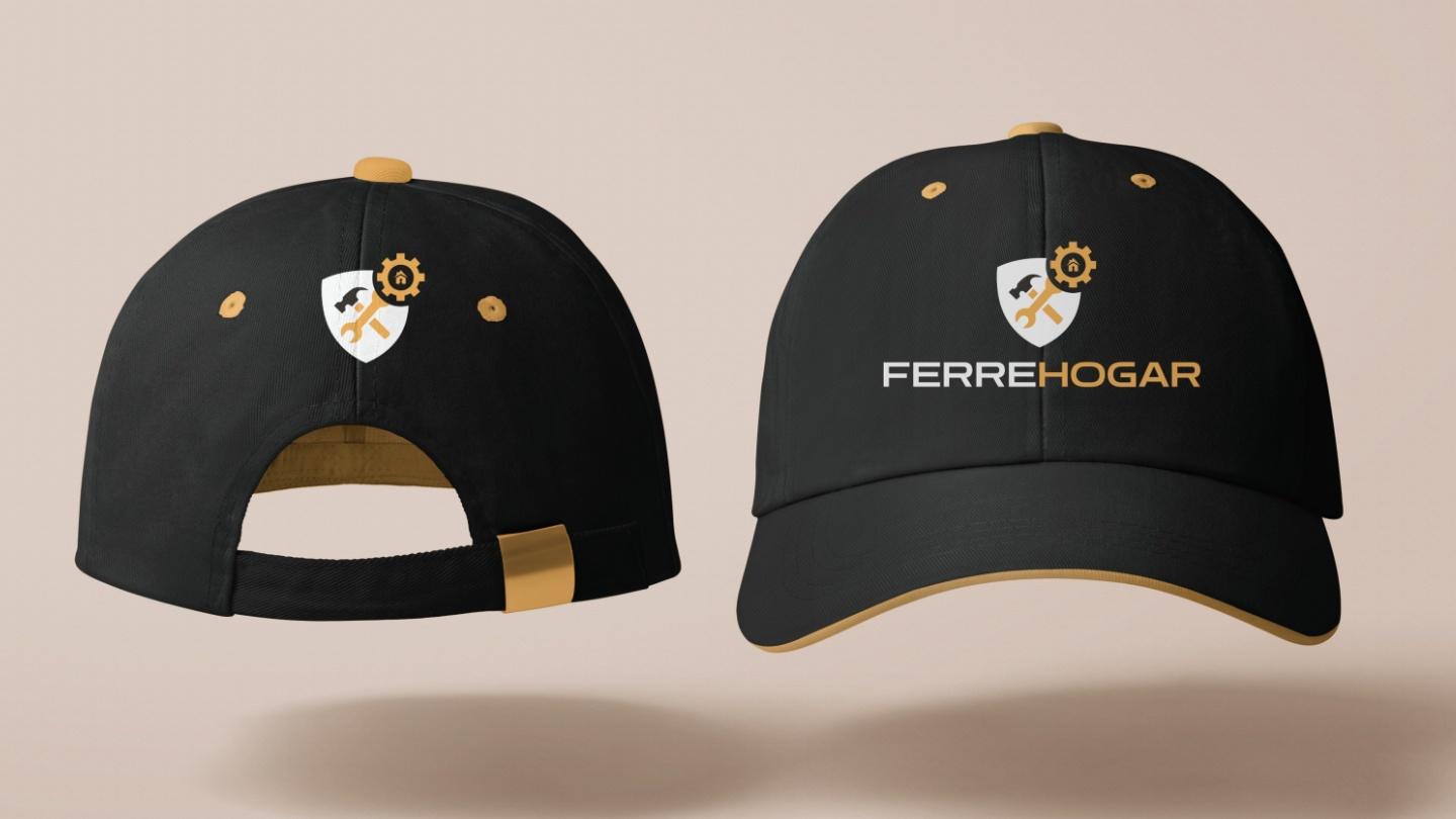 Mockup de gorras con branding corporativo diseñadas por Manelux para empresa de ferretería