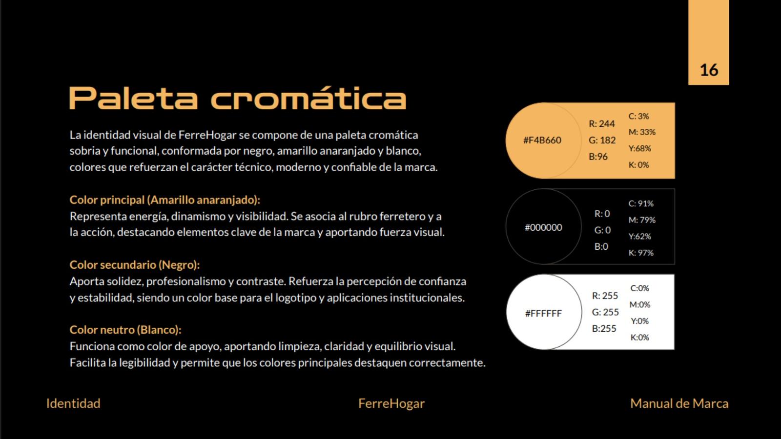 Ficha cromática de manual de marca con paleta en amarillo, negro y blanco, desarrollada por Manelux